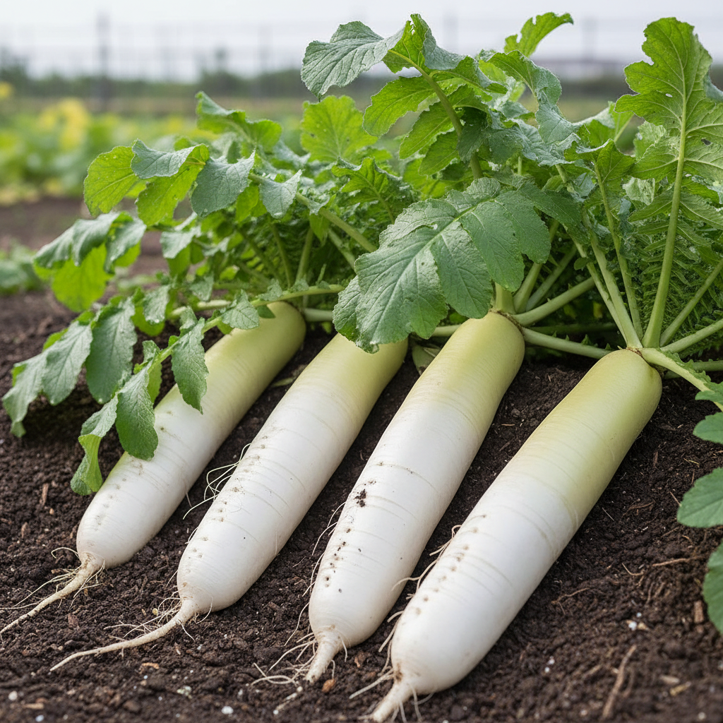 Fresh white long radish mooli growing in soil with green leafy tops in a natural garden setting