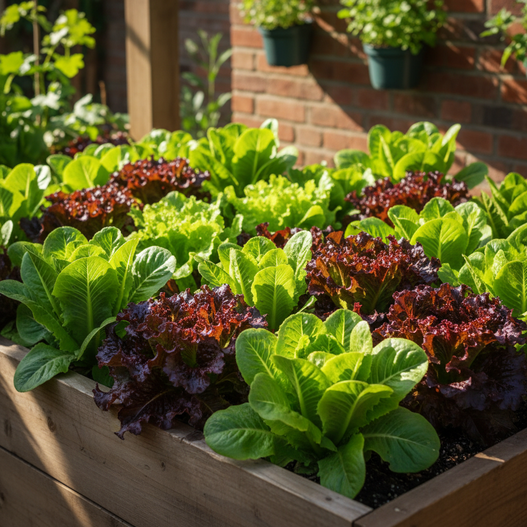 Variety of green and red lettuce plants growing together in a raised bed in natural sunlight