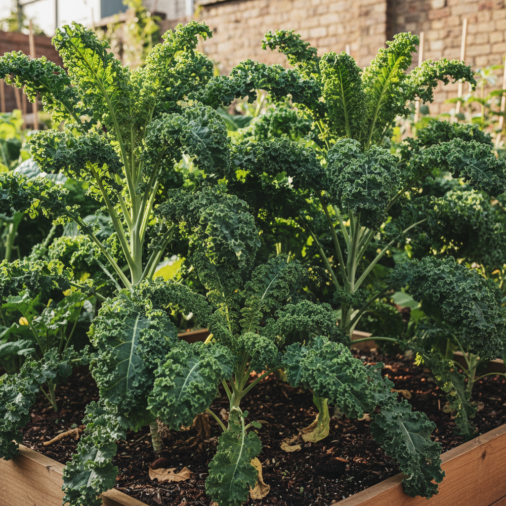 Tall robust dark green curly kale plants with large ruffled leaves growing in a garden bed in natural sunlight