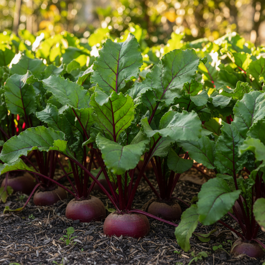 Lush beetroot plants with green leaves and red stems growing in garden bed with round red roots visible at soil level