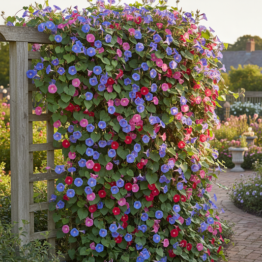 Morning Glory Ipomoea creeper vine with mixed color blooms cascading over a wooden fence in a cottage garden