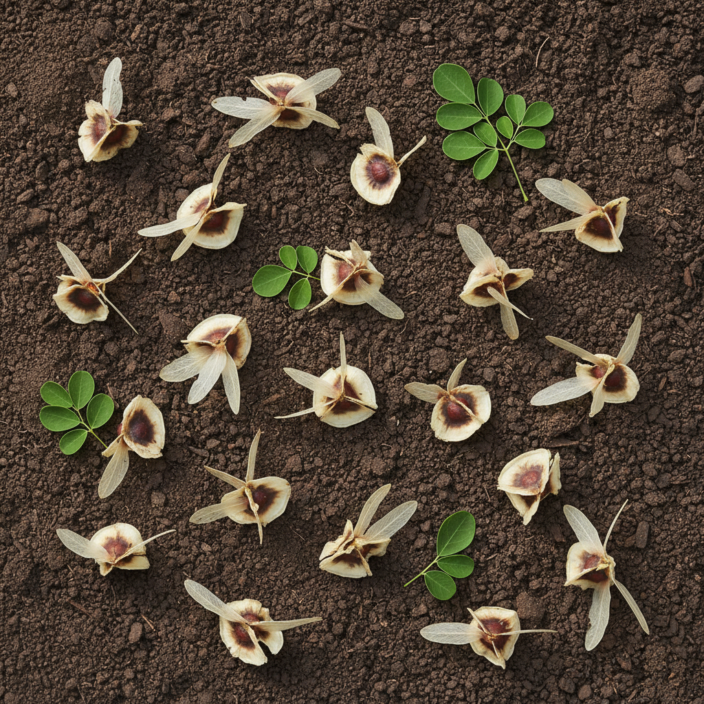 Moringa seeds flat lay on earthy surface with moringa leaves