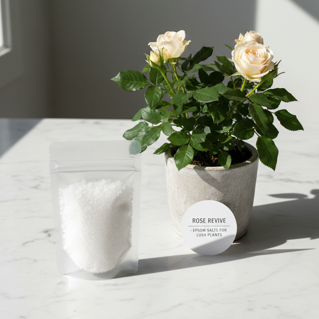 Epsom salt pouch with lush green rose plant lifestyle shot
