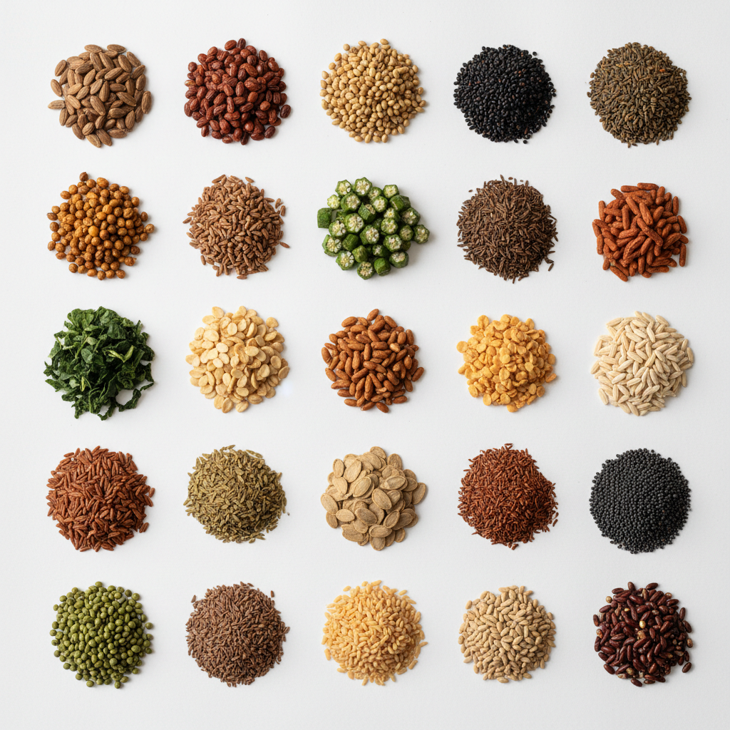 35+ assorted Indian vegetable seeds arranged in a colourful flat lay on a clean white surface