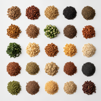 35+ assorted Indian vegetable seeds arranged in a colourful flat lay on a clean white surface