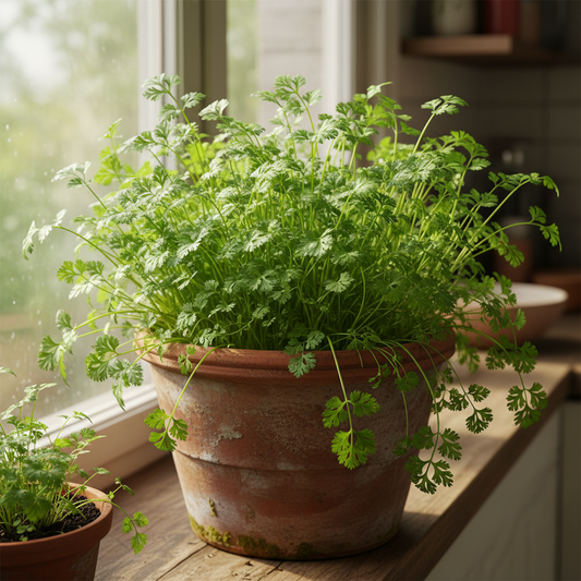 Lush dense green coriander dhania plants growing in a terracotta container in natural sunlight