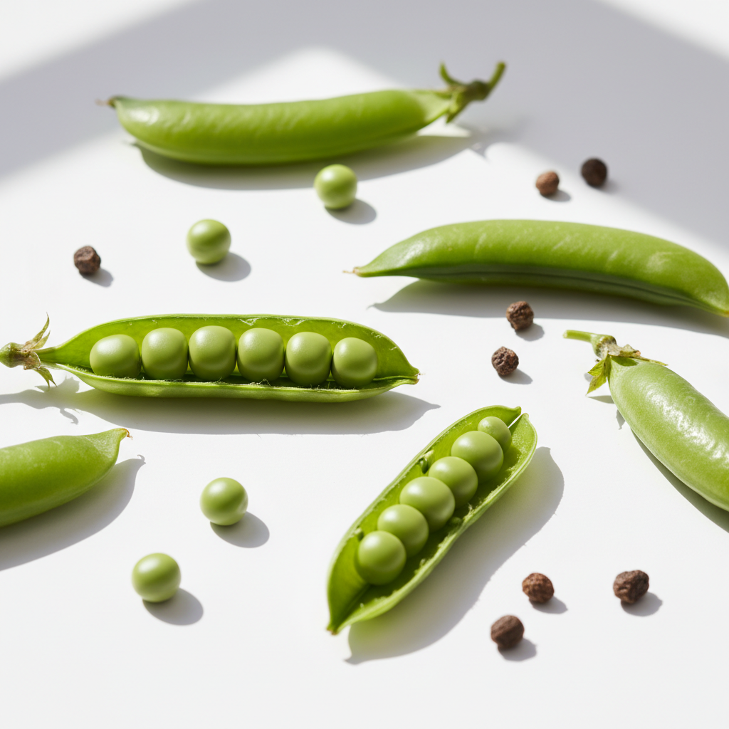 Fresh green pea pods open showing sweet peas inside, scattered on a clean white surface