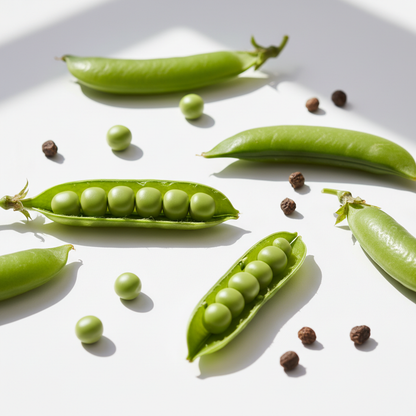 Fresh green pea pods open showing sweet peas inside, scattered on a clean white surface