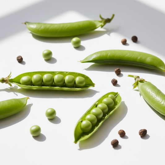 Fresh green pea pods open showing sweet peas inside, scattered on a clean white surface