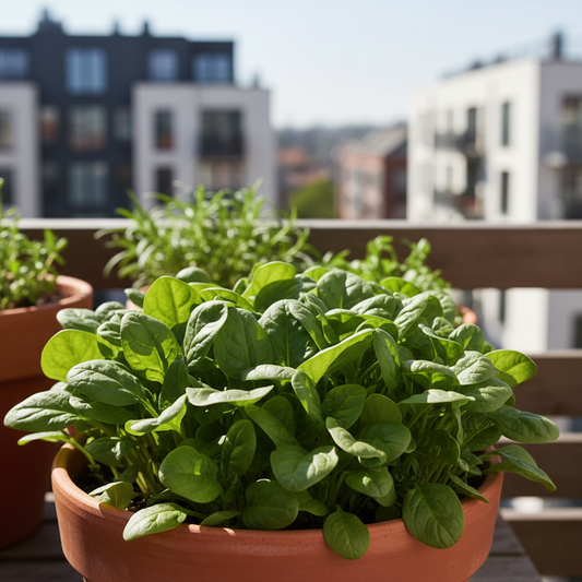 Lush dense baby spinach leaves growing in a container pot on a balcony kitchen garden