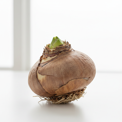 Single Amaryllis bulb on white surface
