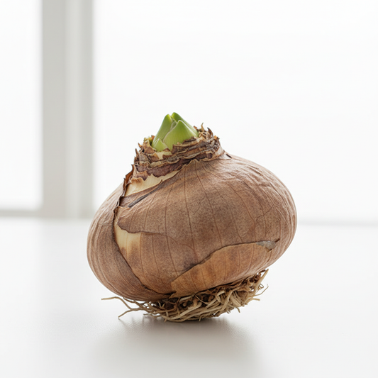 Single Amaryllis bulb on white surface