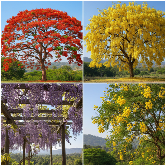 4 variety flower tree seeds combo - Gulmohar, Cassia, Wisteria and Acacia Nilotica in full bloom