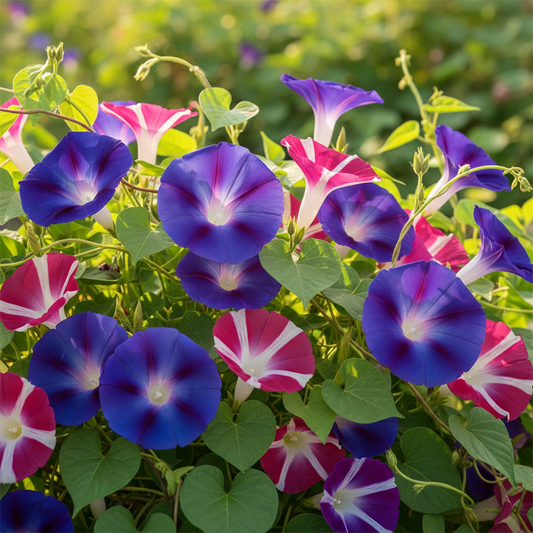 Morning Glory Ipomoea mixed color trumpet-shaped blooms in blue, purple, pink and red in bright sunlight
