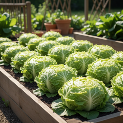 Round compact pale green iceberg lettuce heads forming in rows in a raised bed in natural sunlight