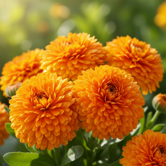 Close-up of large fully double Calendula hybrid flowers in vibrant orange and yellow