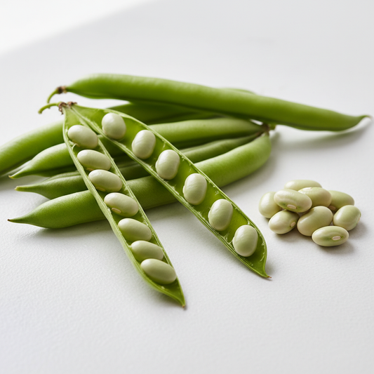 Fresh French climbing bean pods and seeds on a clean white surface