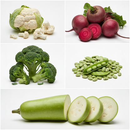 Collage grid of all 5 winter vegetables — cauliflower, beetroot, broccoli, lima flat beans and bottle gourd combo pack