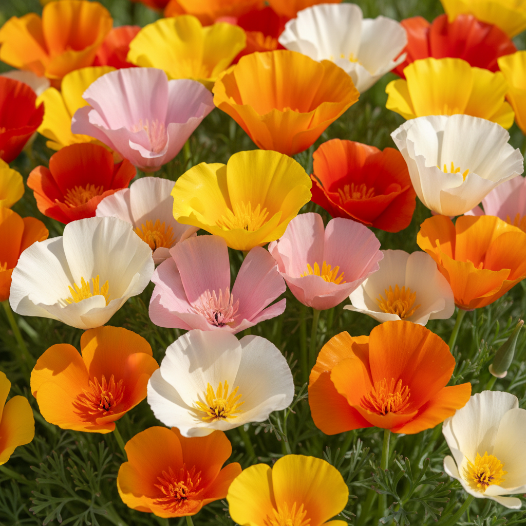 Close-up of delicate silky California Poppy flowers in mixed colors of orange, yellow, red, pink and cream