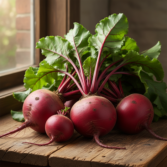Fresh deep red purple round beetroots with green leafy tops on rustic wooden surface
