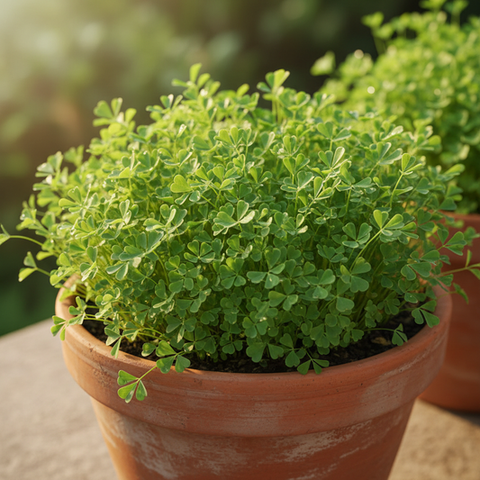 Lush dense green fenugreek methi plants with small trifoliate leaves growing in a terracotta container in natural sunlight