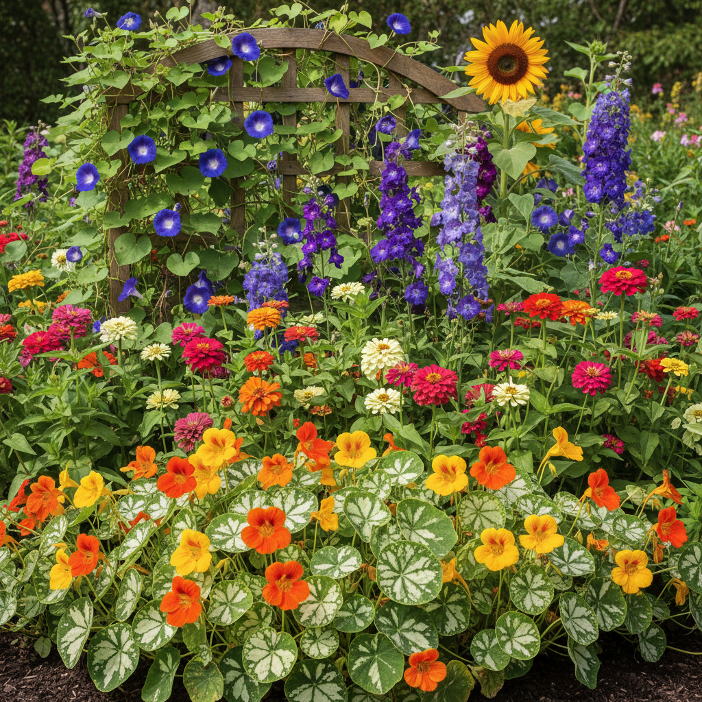 Flower seeds combo pack garden scene with Nasturtium, Morning Glory, Larkspur, Zinnia and Sunflower