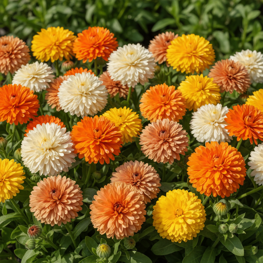 Large fully double Calendula hybrid flowers in warm mixed colors of orange, yellow, cream and apricot blooming in a garden