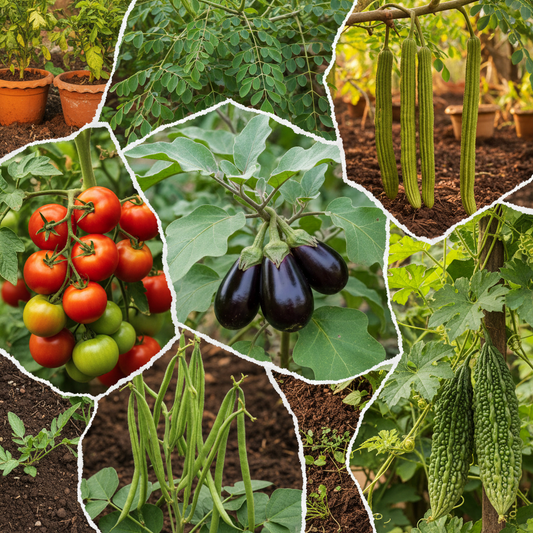 Five Indian vegetable plants — brinjal, tomato, moringa, cluster beans and bitter gourd — showing fruits and pods
