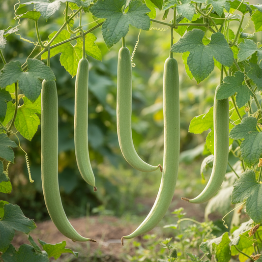 Fresh long melon kakri fruits growing on a vine in a natural garden setting