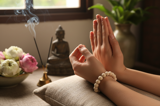 White Sandalwood bracelet worn on wrist during meditation with warm spiritual light