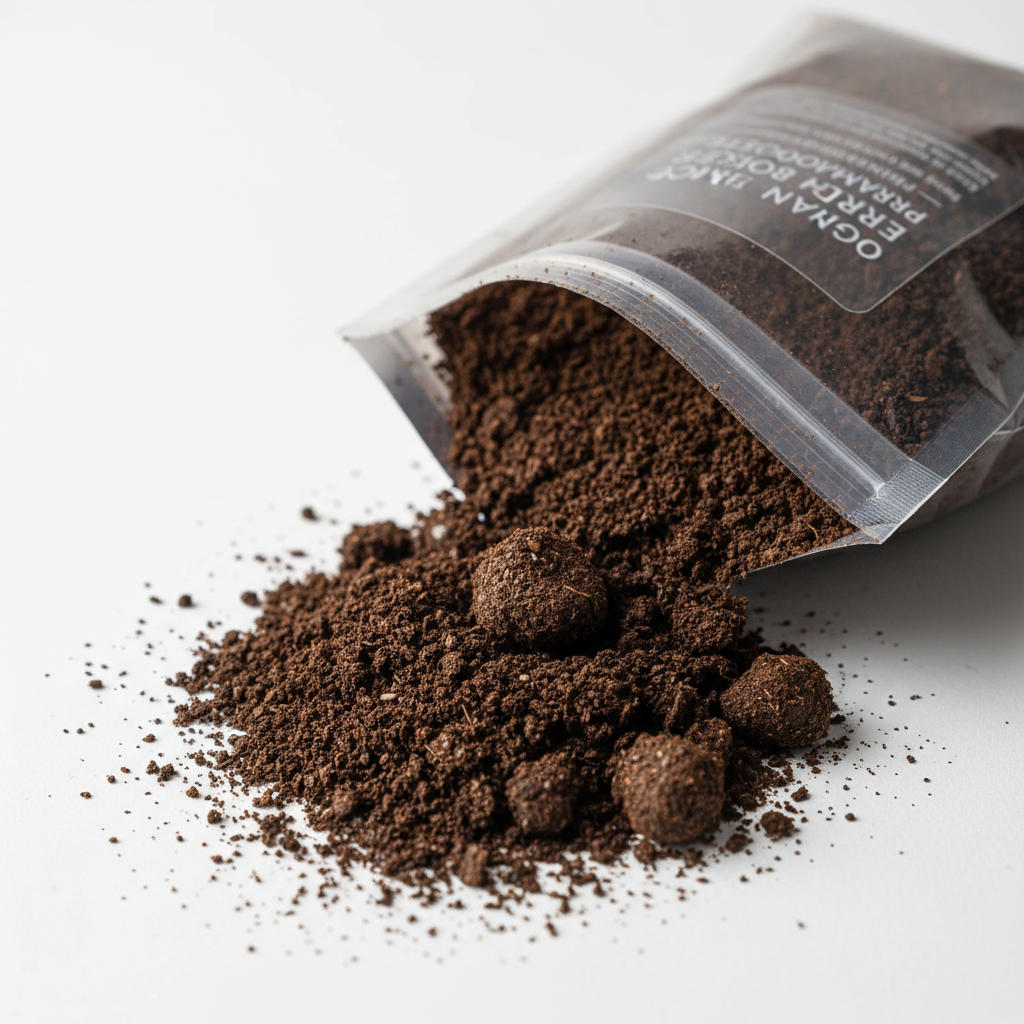 Close-up of rich dark brown vermicompost granules texture