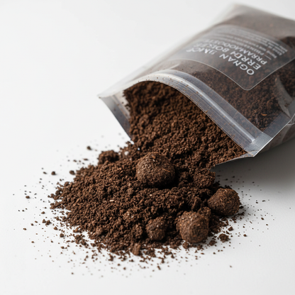 Close-up of rich dark brown vermicompost granules texture