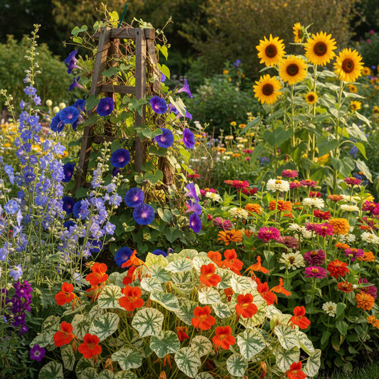 Flower Seeds Combo - Nasturtium, Morning Glory, Larkspur, Zinnia & Sunflower in Bloom