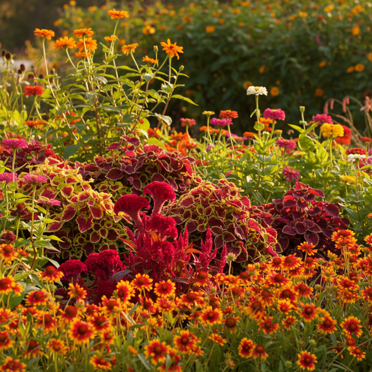 Summer Flower Seeds Combo - Gaillardia, Cockscomb, Coleus, Zinnia & Tithonia in Bloom