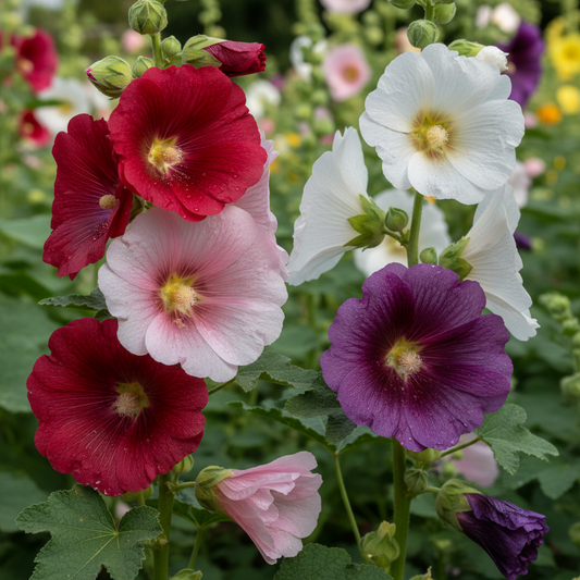 Hollyhock Mixed Color Flowers Close-up