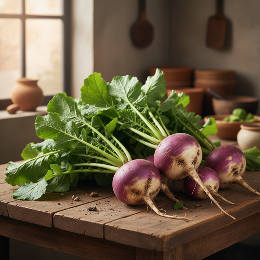 Freshly harvested desi shalgam turnip with white-purple roots and green leafy tops on rustic wooden surface