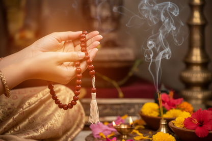 Lal Chandan Japa Mala held in hands during meditation with warm spiritual light