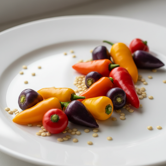 Colourful ornamental chilli peppers in purple, yellow, orange and red with seeds on a clean white surface
