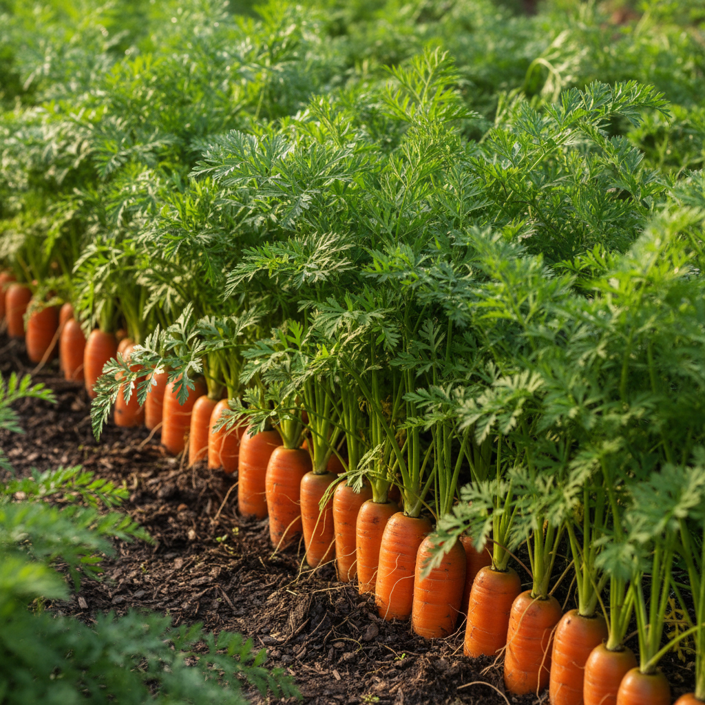 Bright orange cylindrical Nantes carrot roots partially visible at soil level with lush green feathery tops in an organic garden bed