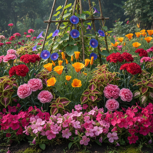 Winter Flower Combo Pack Garden Scene - California Poppy, Carnation, Coleus, Morning Glory and Godetia