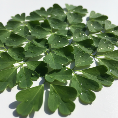 Vibrant green fenugreek methi leaves with small trifoliate leaflets and water droplets on clean white background