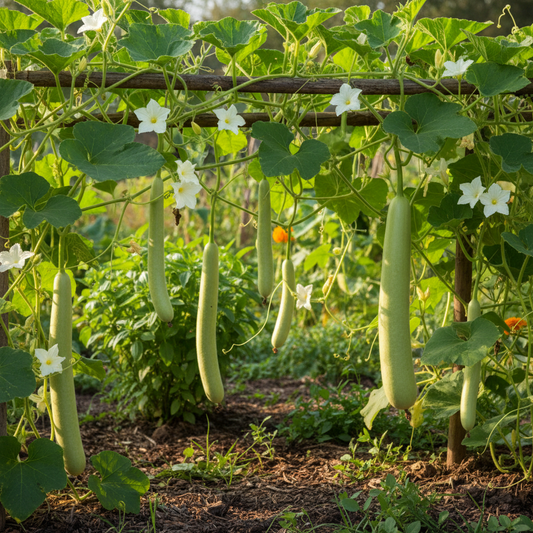 Bottle Gourd Lauki plant growing on vine in garden
