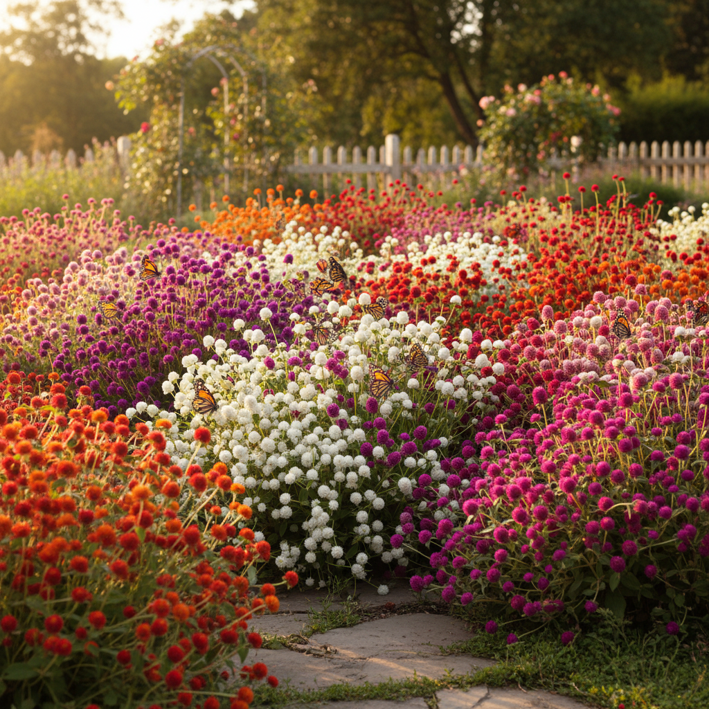 Lush Gomphrena Globe Amaranth mixed color garden bed with butterflies in warm sunlight