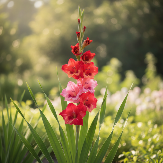 Gladiolus flower plant in full bloom with tall elegant spike of vibrant pink and red flowers