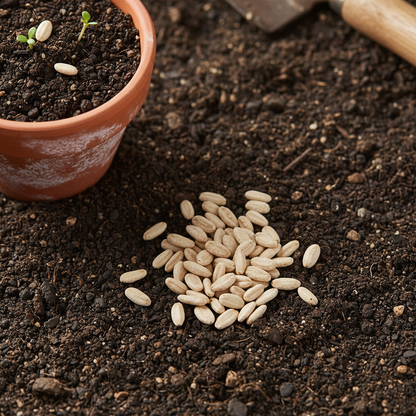 Long white mooli radish seeds scattered on earthy surface with terracotta pot flat lay