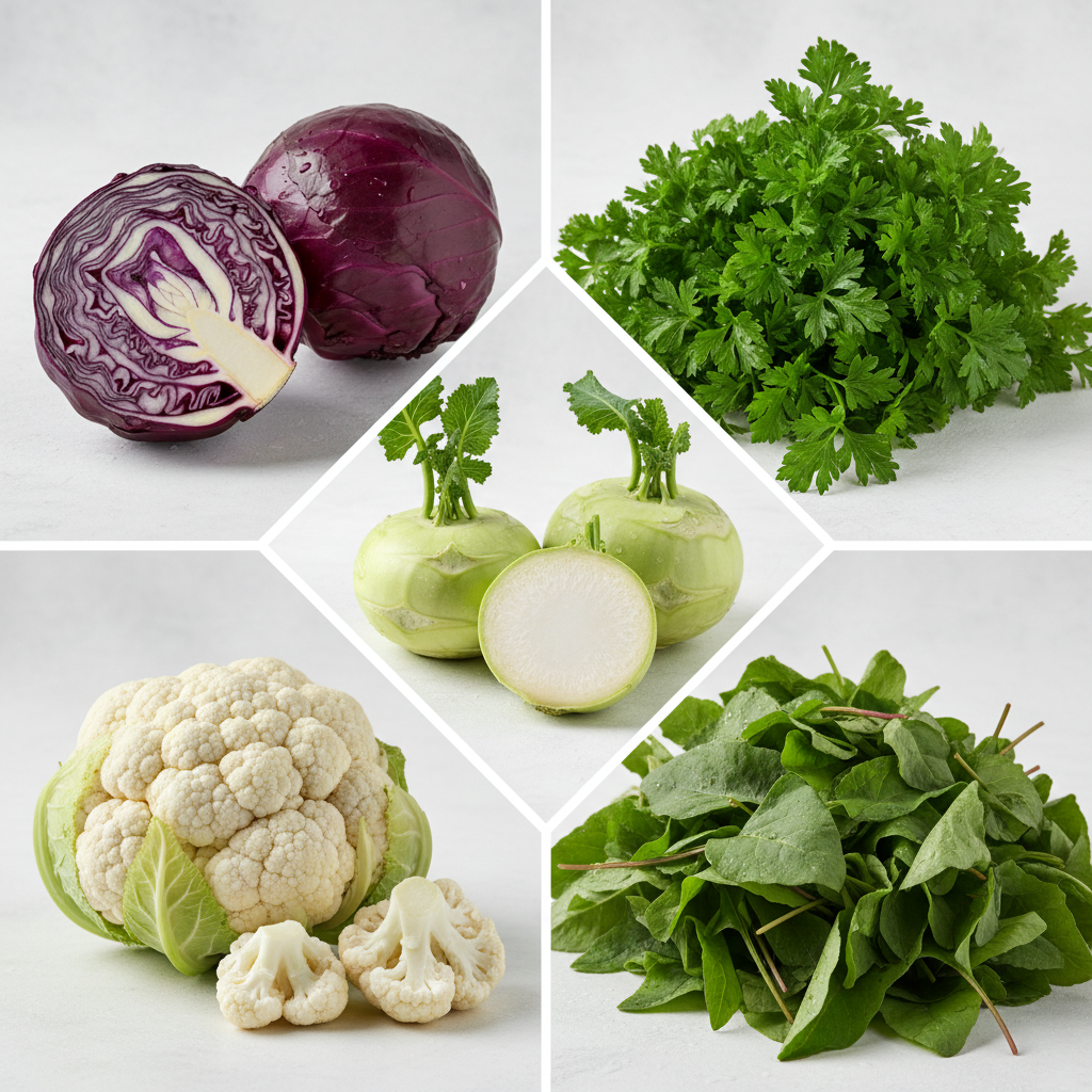 Collage grid of all 5 winter vegetables — cabbage, cauliflower, kohlrabi, parsley and bathua combo pack