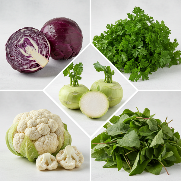 Collage grid of all 5 winter vegetables — cabbage, cauliflower, kohlrabi, parsley and bathua combo pack