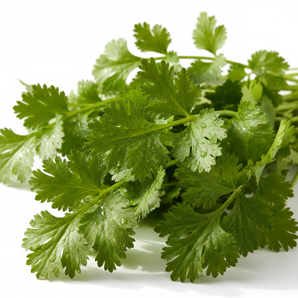 Vibrant green coriander dhania leaves with delicate lacy texture and water droplets on clean white background
