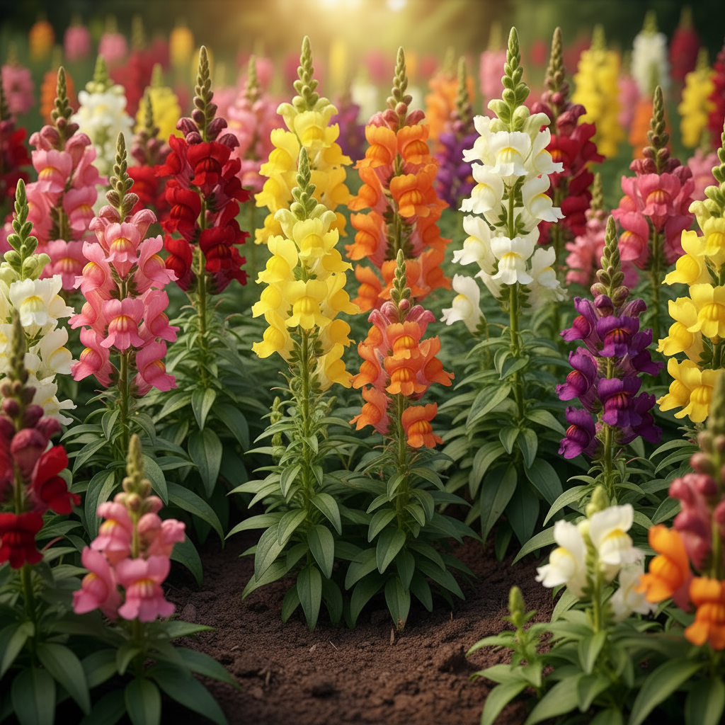 Tall colorful Antirrhinum Snapdragon flower spikes in mixed colors of pink, red, yellow, orange and purple blooming in a garden