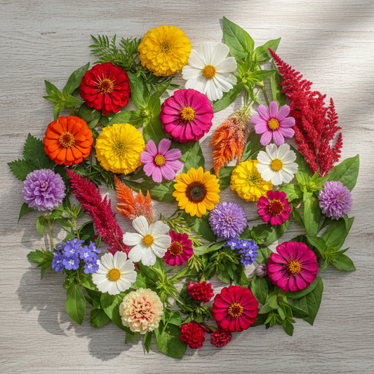 Beautiful combo of 10 summer flower varieties in full bloom - Zinnia, Marigold, Cosmos, Sunflower and more
